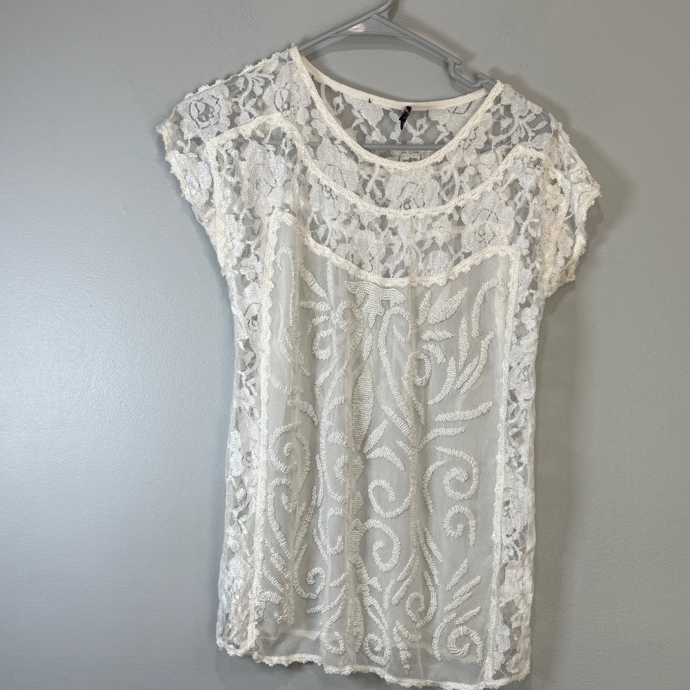 Alberto Makali New York White Lace Embroidered Mesh‎ Blouse XS Short Sleeve Top